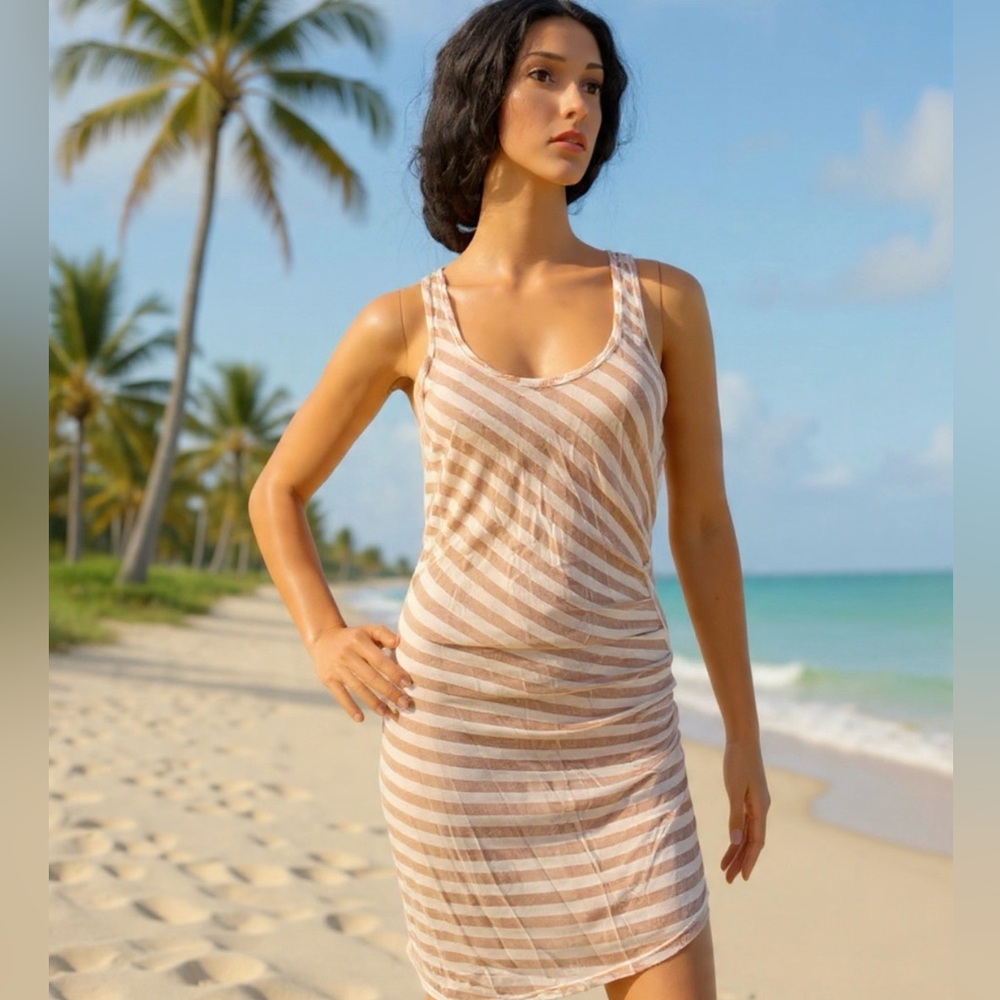 Hard Tail High Low See thru Tank Dress Beige/Gold Shiny Sz M Excellent condition